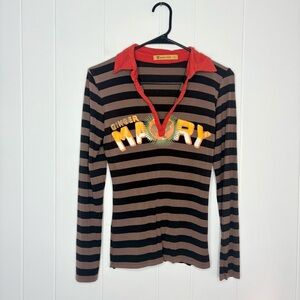 GINGER MARY Striped Henley Top Shirt Brown Black Chicken Graphic Unique Small